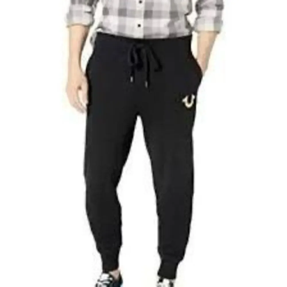 True Religion Black Gold Logo Drawstring Cotton Tapered Cuff Sweatpants Large